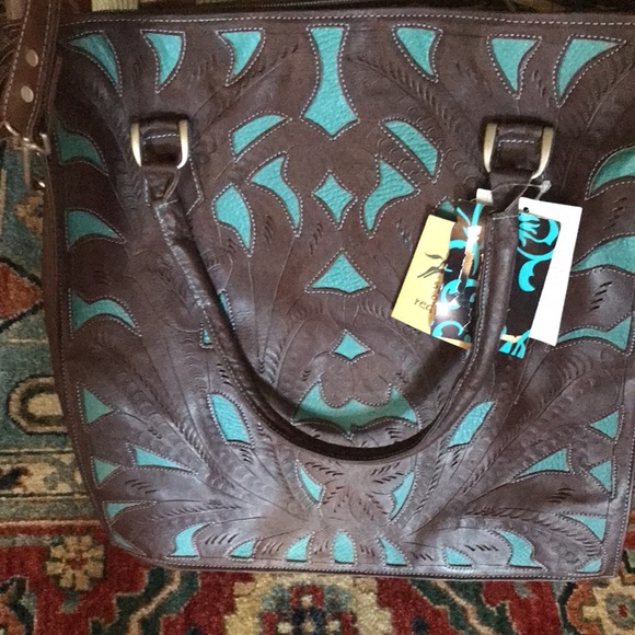 Gorgeous Western Spirit of the Red Horse Brown and Turquoise Leather Bag - Picture 7 of 9